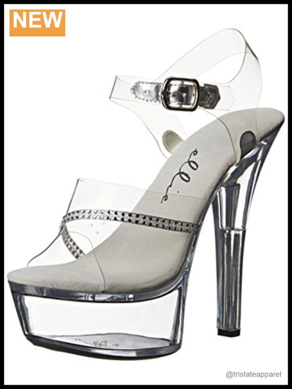 Lucite Platform Sandal with Rhinestone Clear Upper, Ankle Strap, Leather Insole